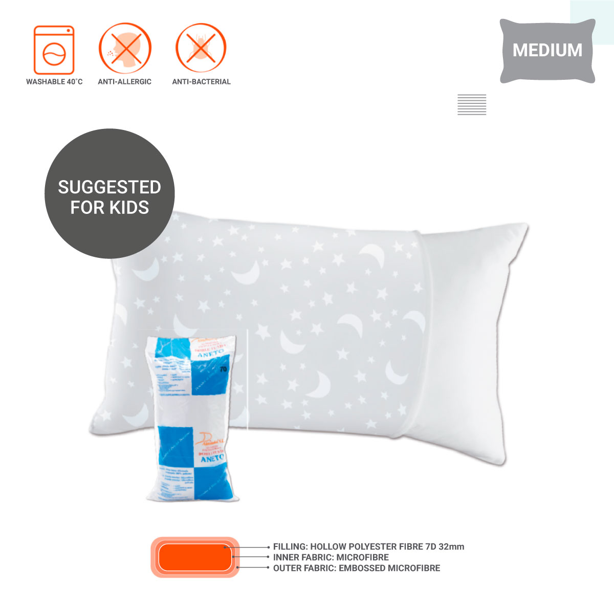 ANETO Sleeping Pillow 50x70cm - Suitable for Kids